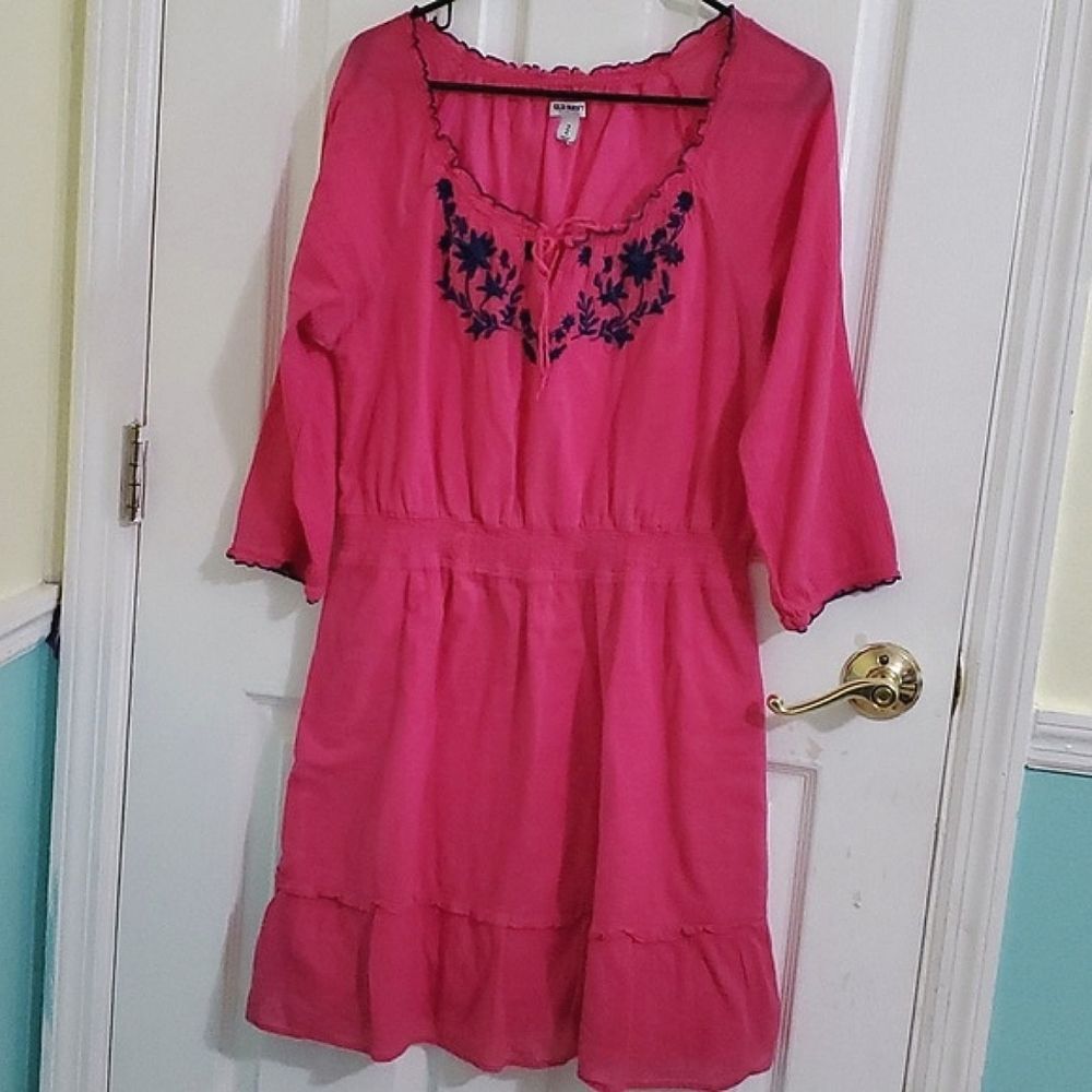 Old Navy Hot Pink Embroidered Ruffled Hem Gauzy Peasant Mini Dress M
